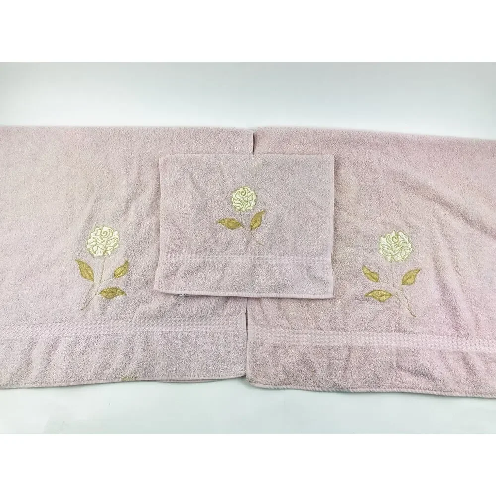 Cannon Bath Body Hand Towel Set Vintage Pink Floral Appliqué Gold Rose USA Flowe